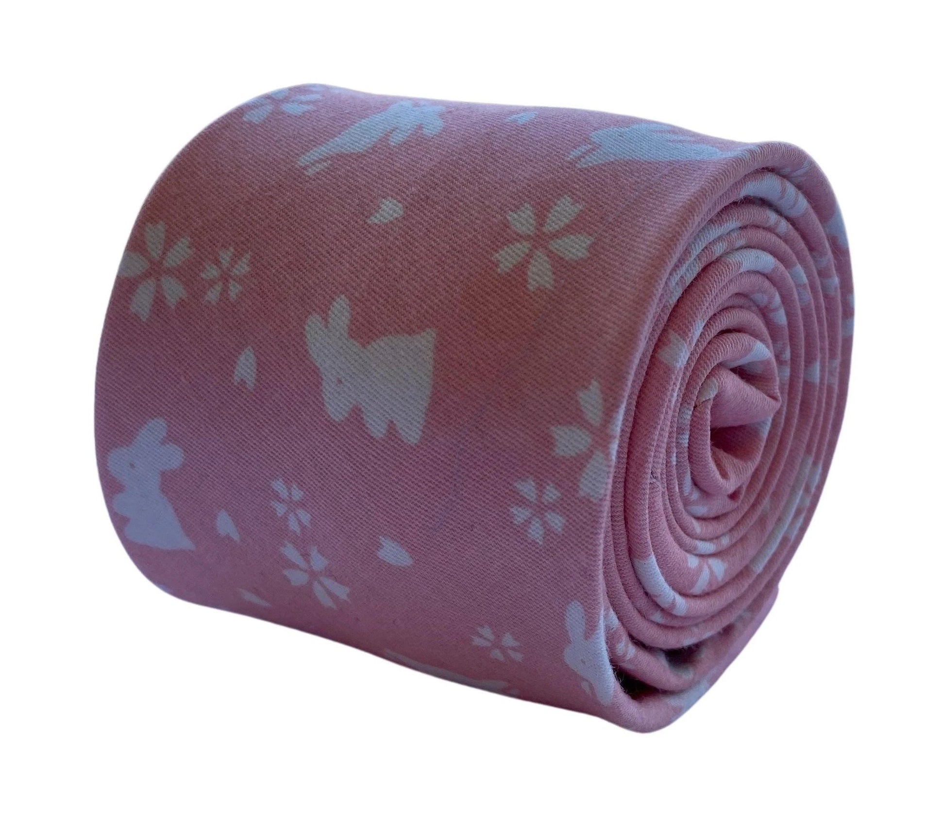 Baby Light Pink Cotton Tie With White Bunny Rabbit Design - Handcrafted By Frederick Thomas For Elegant Formal Wear by Frederick Thomas Handmade Mens Ties