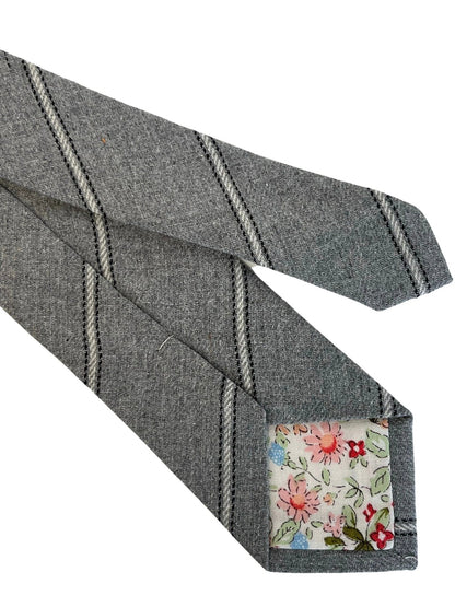 Light Silver Grey and Ivory Club Striped School Style Cotton Tie by Frederick Thomas Handmade Mens Ties