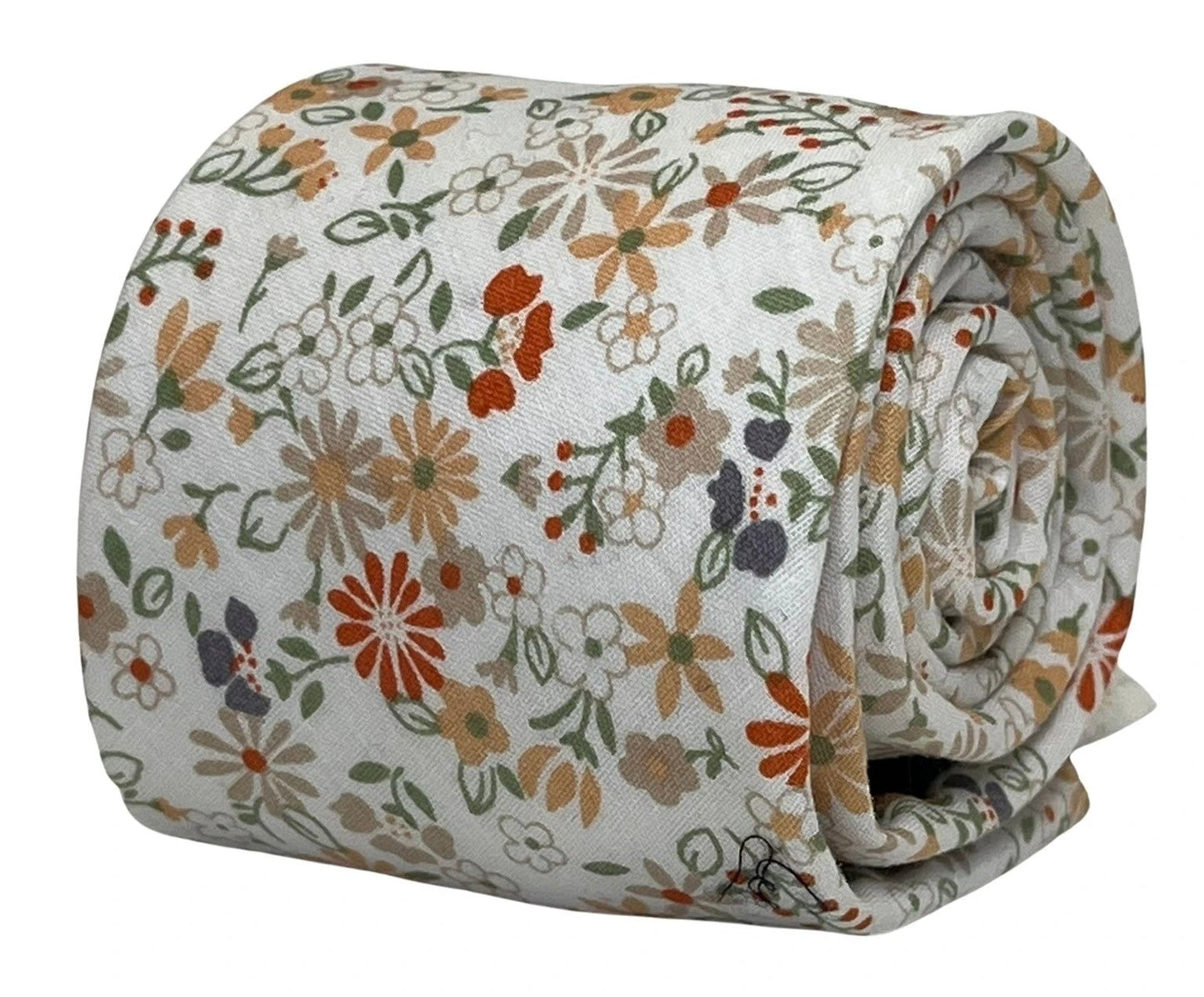 Ivory White Men’s Cotton Tie With Mustard Yellow And Red Floral Design - Handcrafted Floral Elegance For Formal Wear by Frederick Thomas Handmade Mens Ties