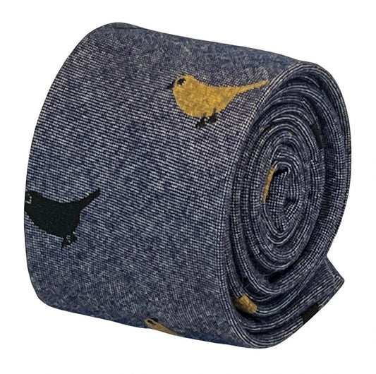 Denim Medium Blue Cotton Tie With Bird Design - Handmade By Frederick Thomas For A Refined Look by Frederick Thomas Handmade Mens Ties