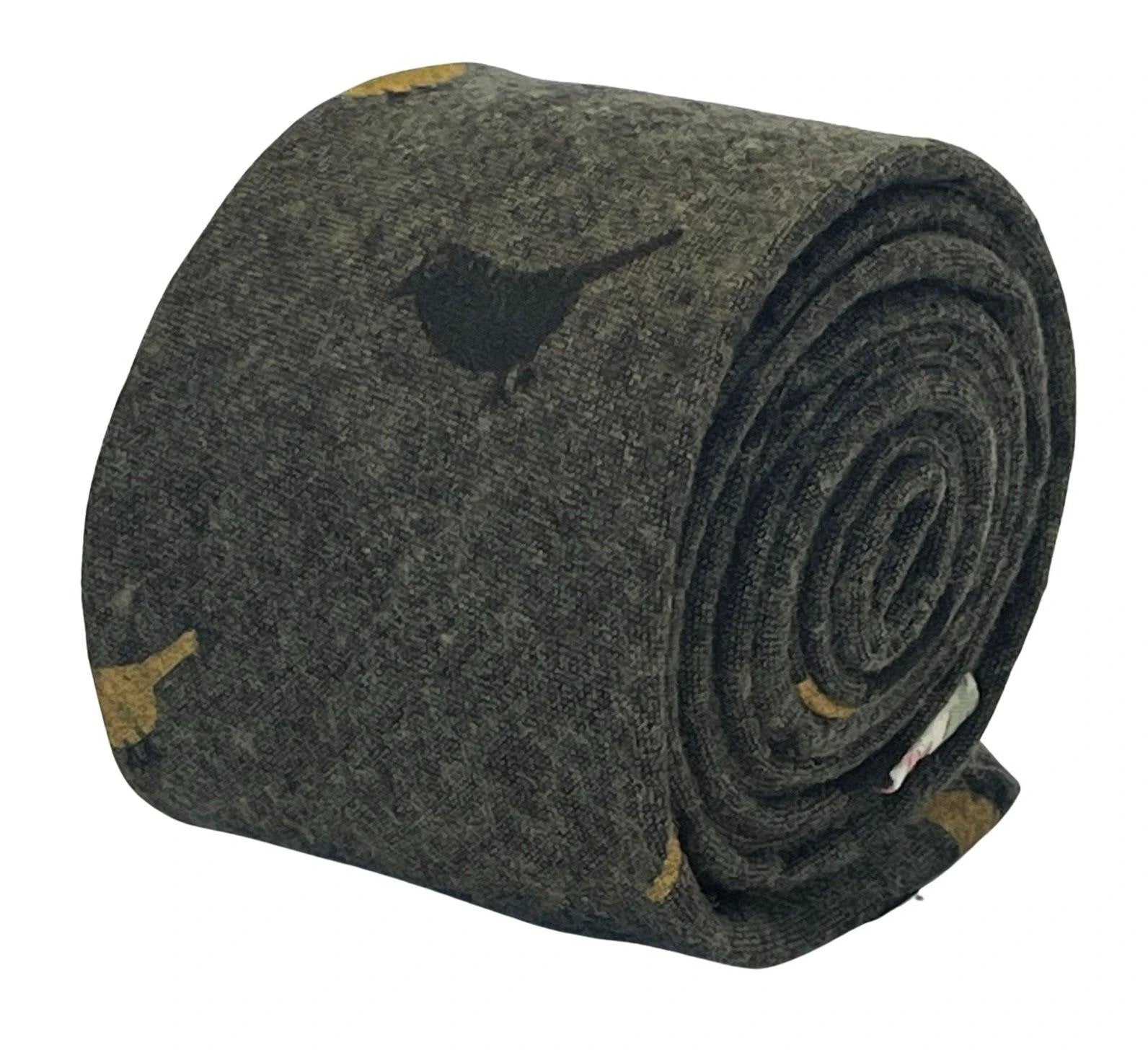 mustard khaki brown tie with bird design by Frederick Thomas Handmade Mens Ties