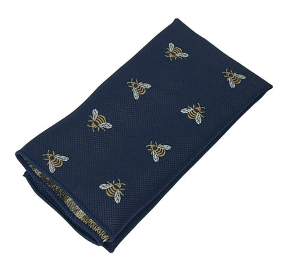 Navy Pocket Square With Embroidered Honey Bumble Bee Design - Handcrafted Detail For Subtle Elegance by Frederick Thomas Handmade Mens Ties