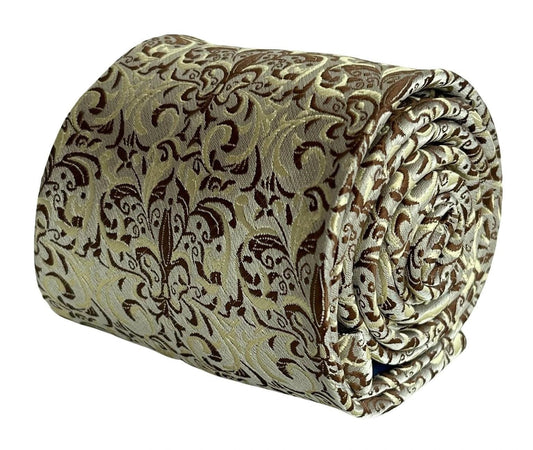 Frederick Thomas Fleur De Lis Floral Design Tie - Handmade Regal Brown Gold And Cream Accent For Modern Business by Frederick Thomas Handmade Mens Ties