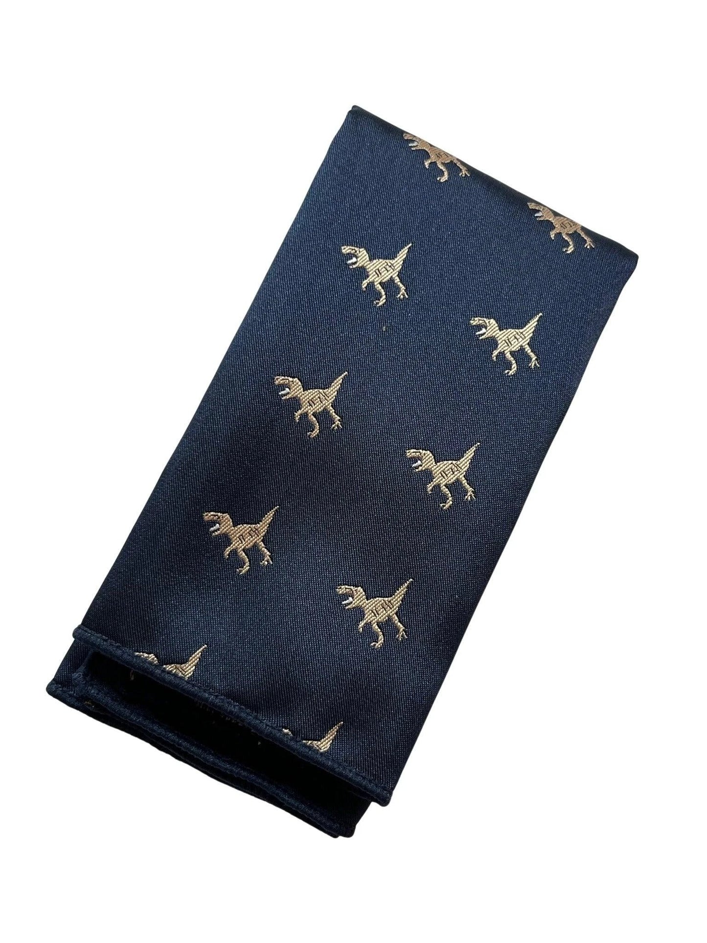 Navy Pocket Square With Embroidered T-Rex Design - Handmade By Frederick Thomas For Timeless Formal Style by Frederick Thomas Handmade Mens Ties
