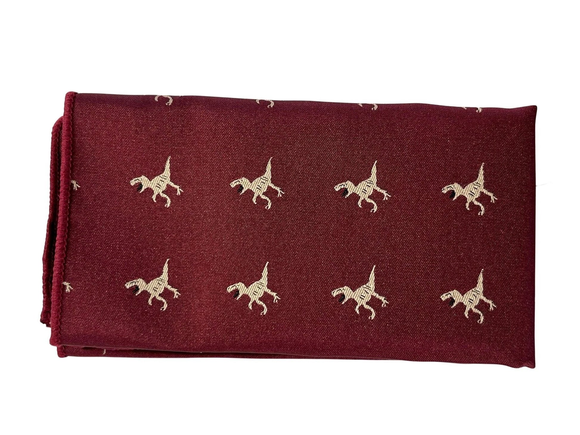 Maroon Pocket Square With Embroidered T-Rex Design - Handcrafted 23cm Square For Elegant Style And Conversation by Frederick Thomas Handmade Mens Ties