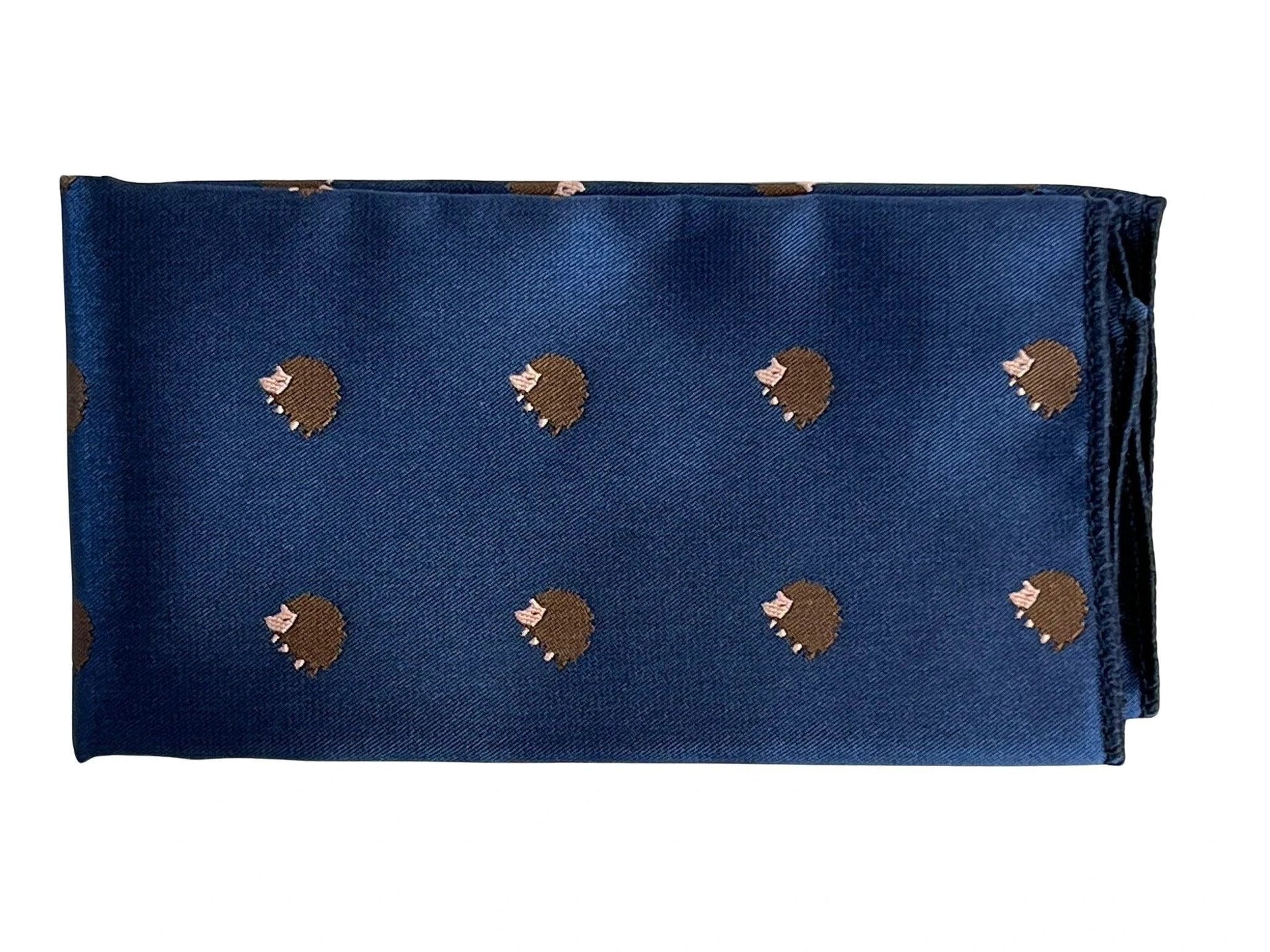 Navy Dark Blue Pocket Square With Embroidered Hedgehog Design - Handcrafted By Frederick Thomas by Frederick Thomas Handmade Mens Ties