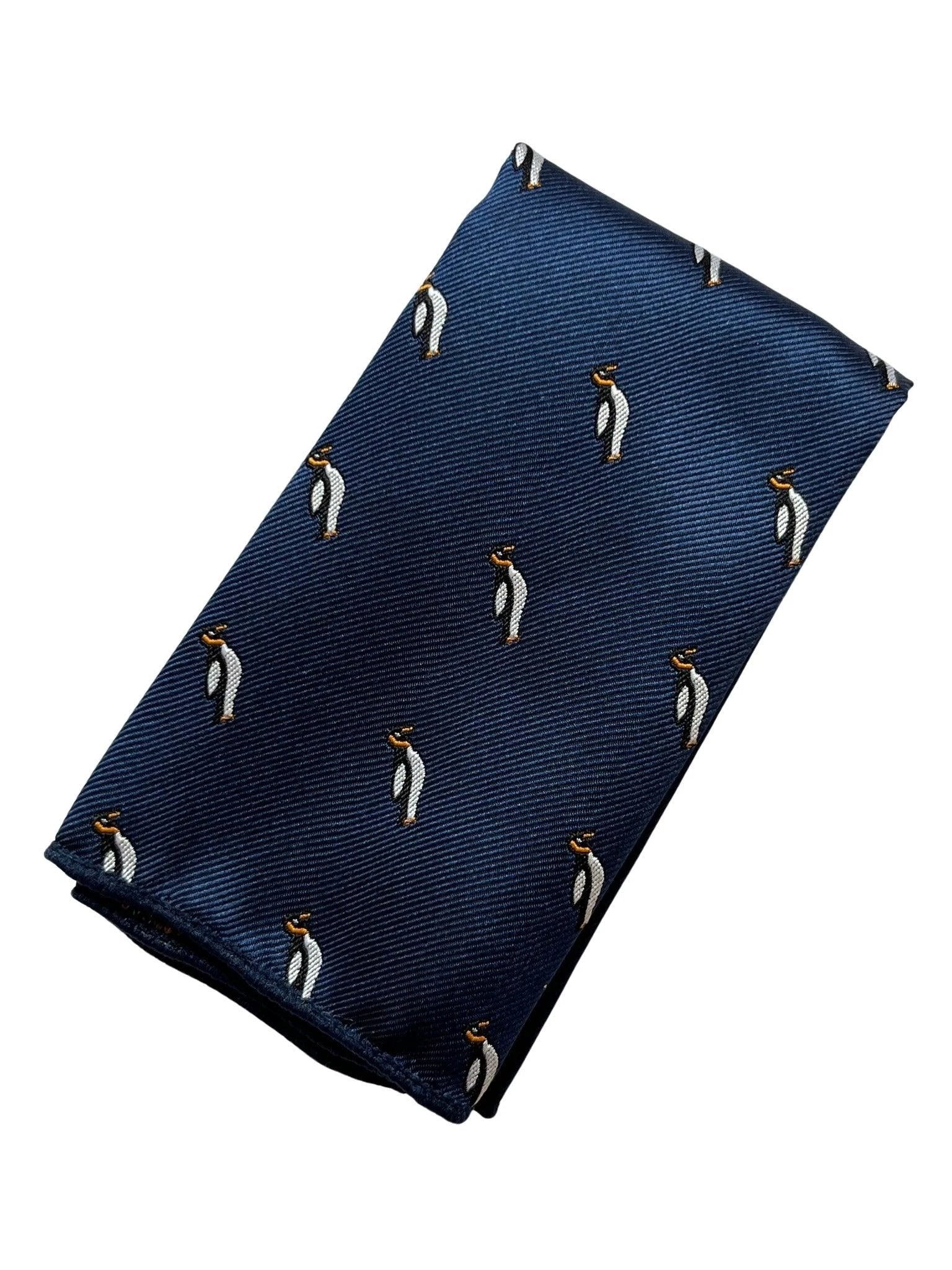 Navy Blue Pocket Square With Embroidered Penguin Design - Handmade By Frederick Thomas For Refined Craft by Frederick Thomas Handmade Mens Ties