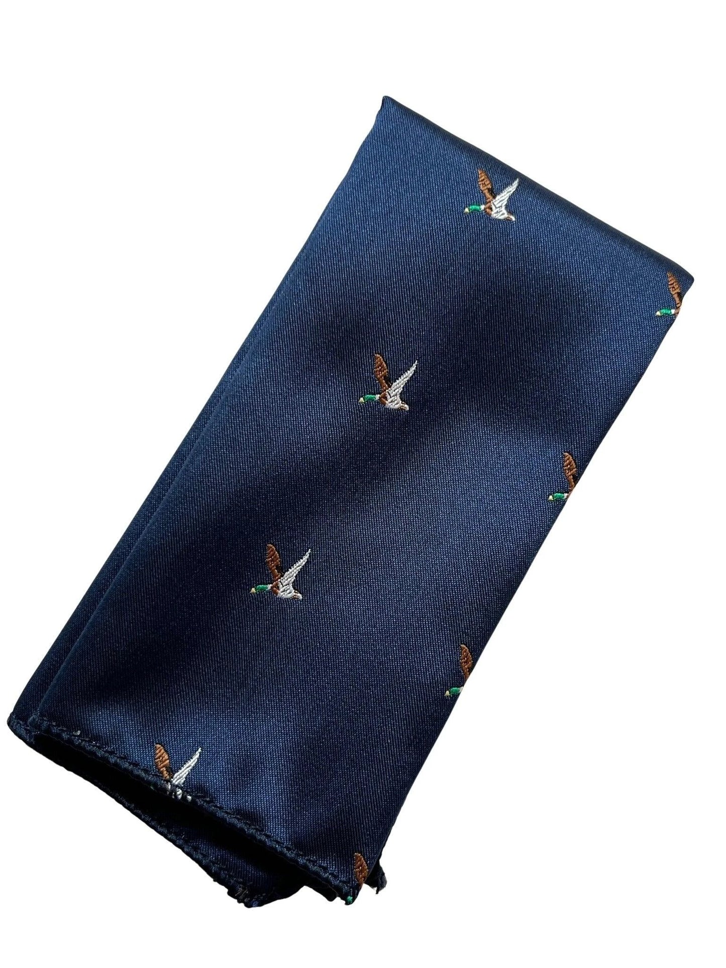 Frederick Thomas Navy Blue Pocket Square Embroidered Flying Hunting Duck Motif For Distinctive Formal Flair by Frederick Thomas Handmade Mens Ties