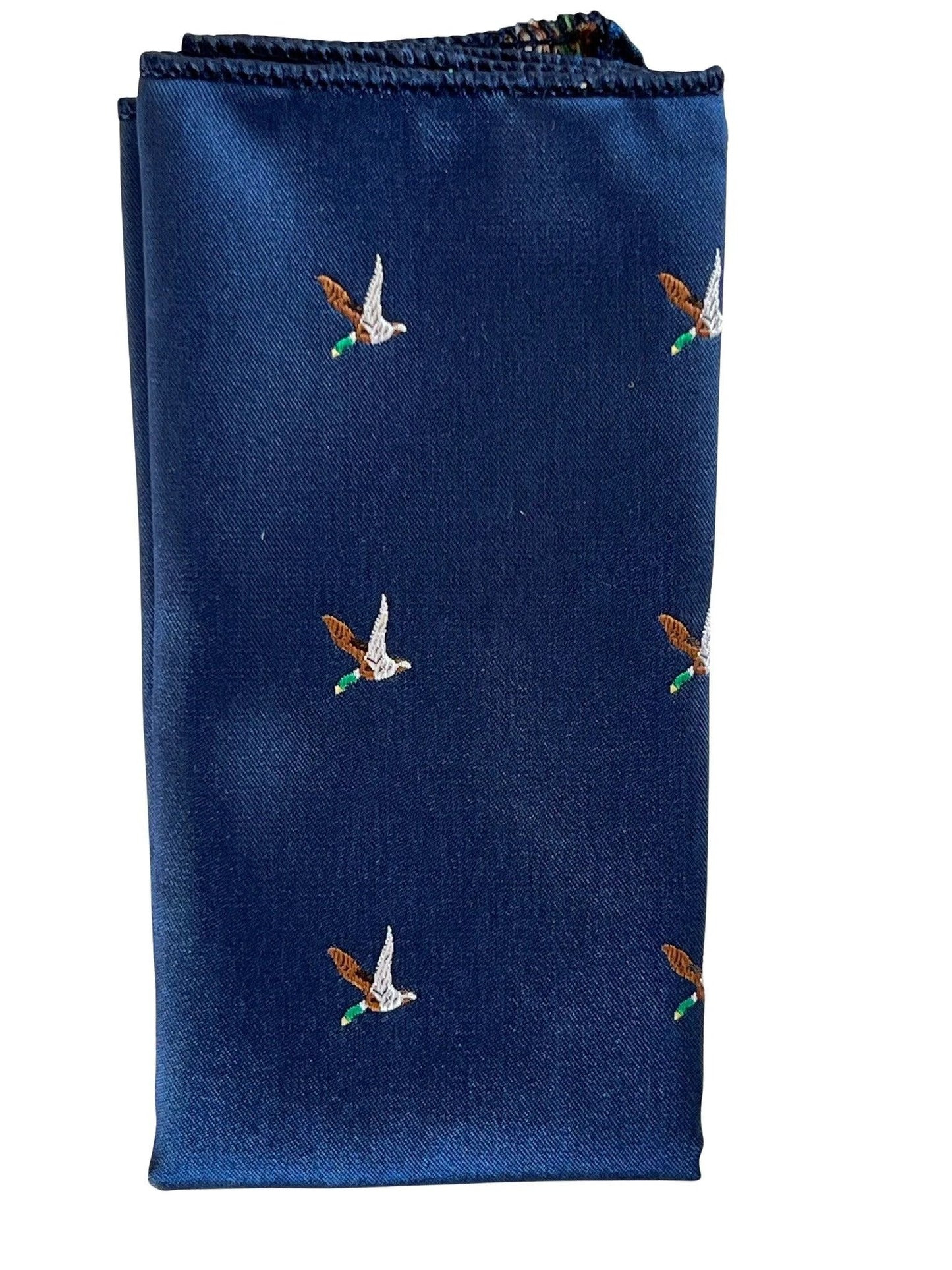 Frederick Thomas Navy Blue Pocket Square Embroidered Flying Hunting Duck Motif For Distinctive Formal Flair by Frederick Thomas Handmade Mens Ties