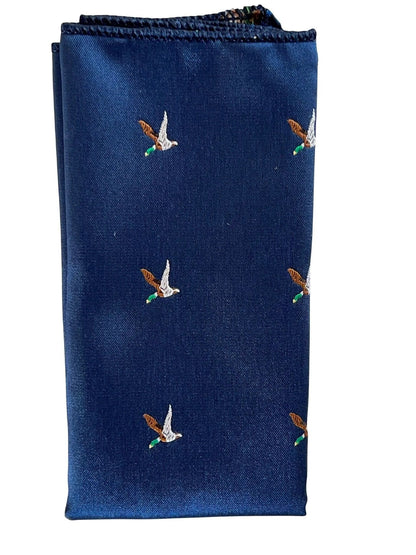 Frederick Thomas Navy Blue Pocket Square Embroidered Flying Hunting Duck Motif For Distinctive Formal Flair by Frederick Thomas Handmade Mens Ties