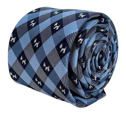 Light Blue and Dark Navy Plaid Gingham Style Tie With Scottie Dog Design - Refined Boardroom Accessory by Frederick Thomas Handmade Mens Ties