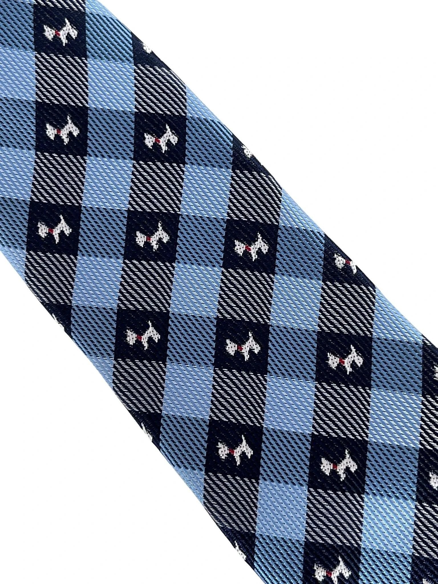 Light Blue and Dark Navy Plaid Gingham Style Tie With Scottie Dog Design - Refined Boardroom Accessory by Frederick Thomas Handmade Mens Ties