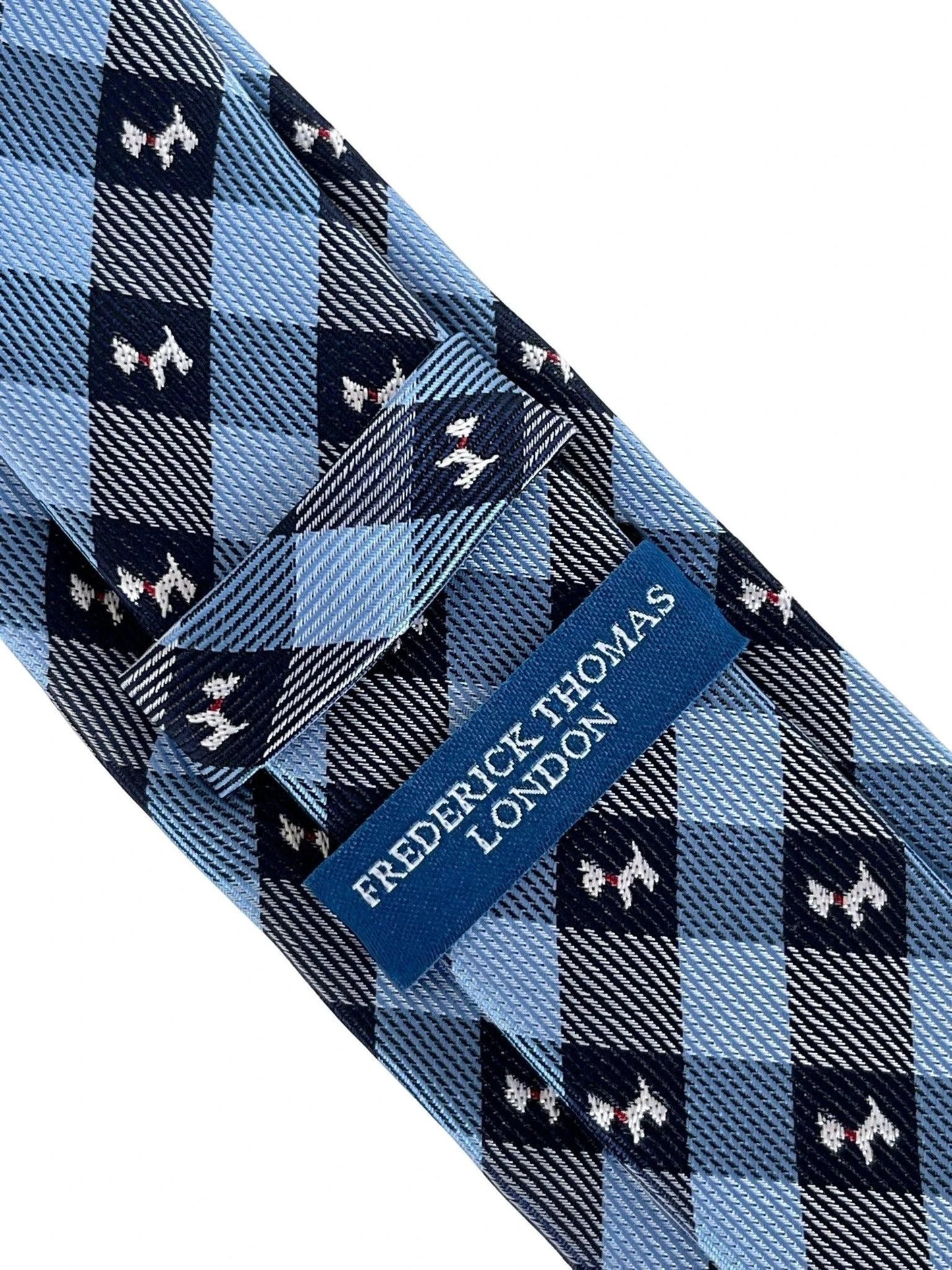Light Blue and Dark Navy Plaid Gingham Style Tie With Scottie Dog Design - Refined Boardroom Accessory by Frederick Thomas Handmade Mens Ties