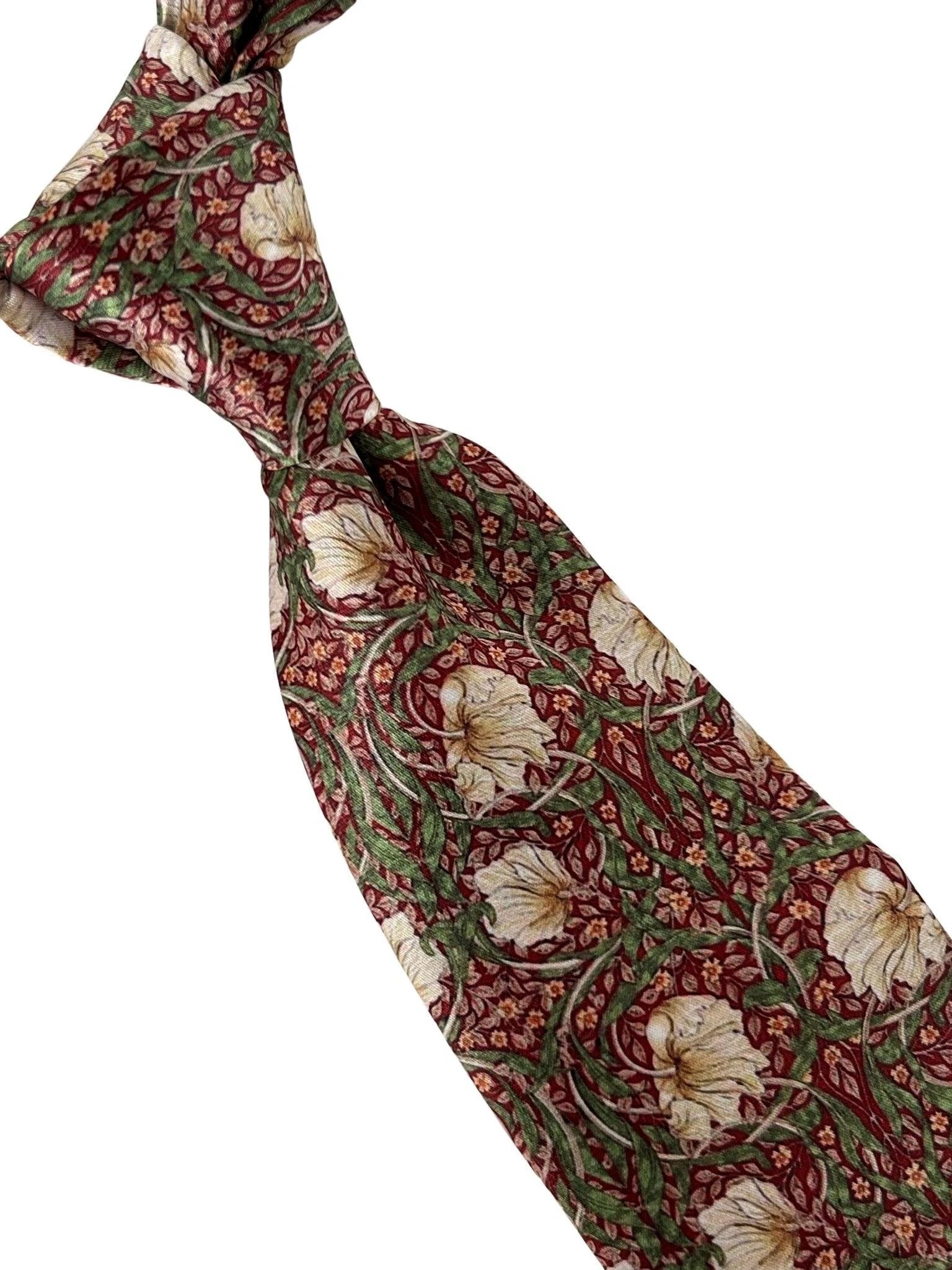 Dark Red Maroon Tie with William Morris Pimpernel Floral Design by Frederick Thomas Handmade Mens Ties