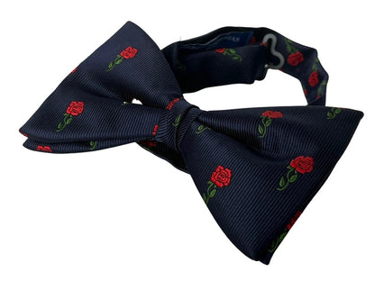 Navy Dark Blue Adult Bow Tie With English Red Rose Rugby Design - Handcrafted British Style by Frederick Thomas Handmade Mens Ties