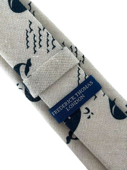 Ivory Cream Cotton Tie With Blue Whale Nautical Design - Handmade By Frederick Thomas For Professional Wardrobe by Frederick Thomas Handmade Mens Ties