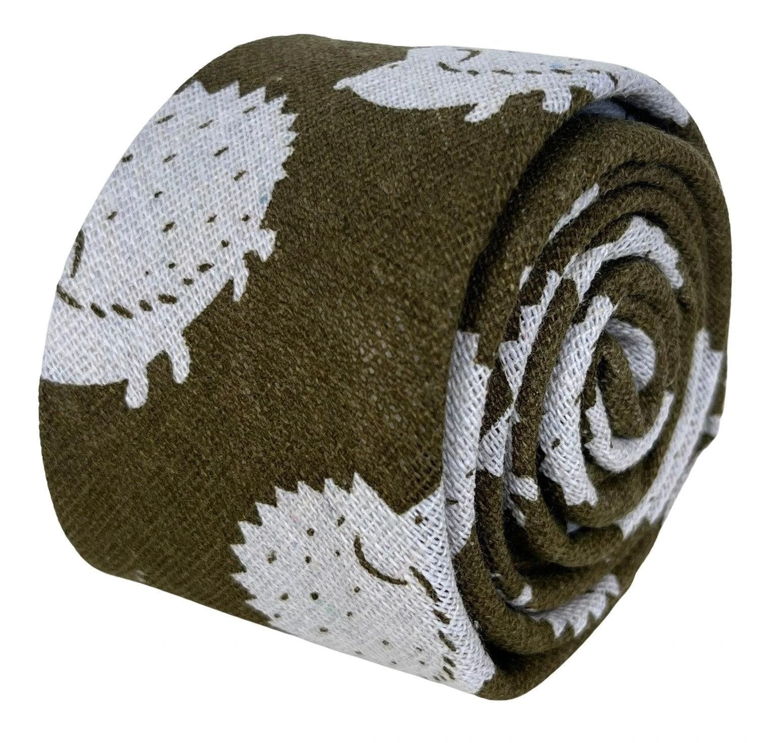 Gold Bronze Olive Cotton Tie With Hedgehog Design By Frederick Thomas - Handcrafted Luxury For Polished Formalwear by Frederick Thomas Handmade Mens Ties