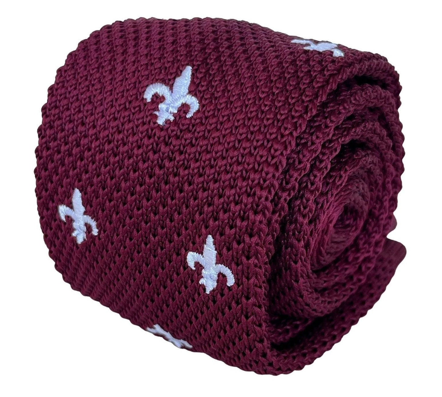 Maroon Knitted Tie By Frederick Thomas - White Embroidered Fleur De Lis Detail For Timeless Formal Luxury by Frederick Thomas Handmade Mens Ties