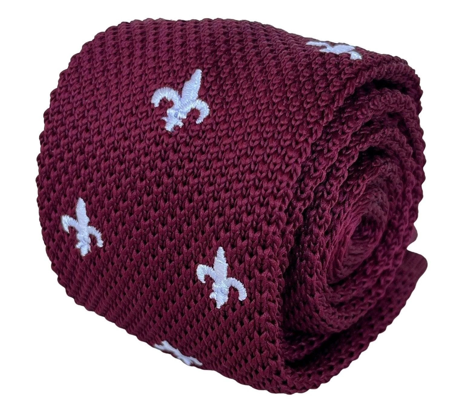 Maroon Knitted Tie By Frederick Thomas - White Embroidered Fleur De Lis Detail For Timeless Formal Luxury by Frederick Thomas Handmade Mens Ties