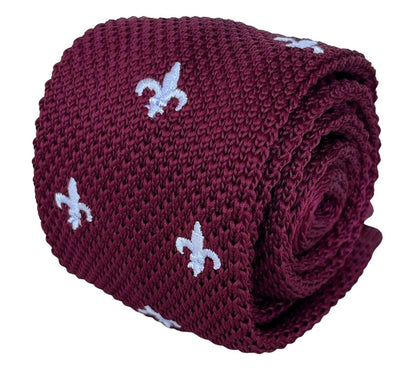 Maroon Knitted Tie By Frederick Thomas - White Embroidered Fleur De Lis Detail For Timeless Formal Luxury by Frederick Thomas Handmade Mens Ties