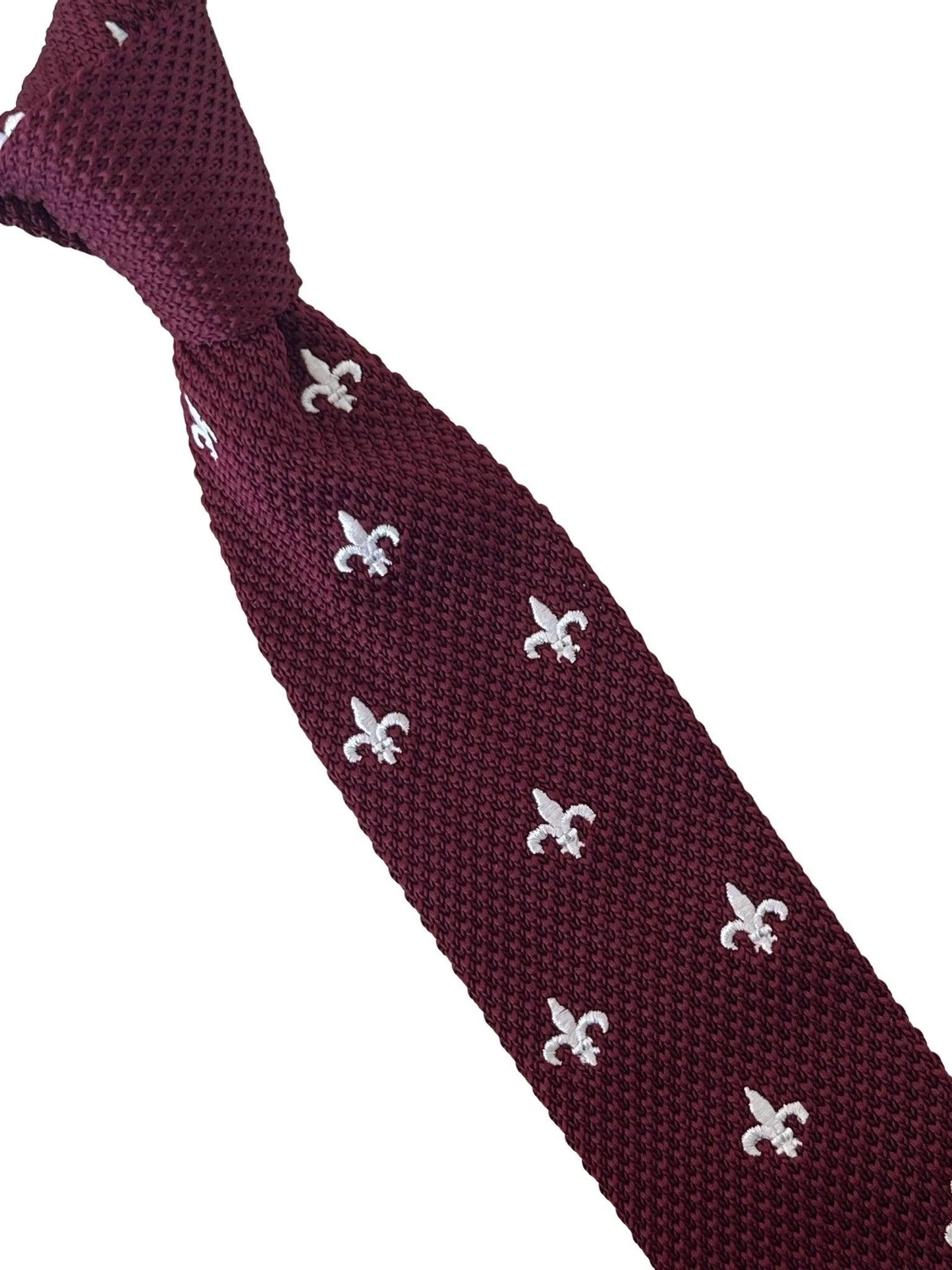 Maroon Knitted Tie By Frederick Thomas - White Embroidered Fleur De Lis Detail For Timeless Formal Luxury by Frederick Thomas Handmade Mens Ties