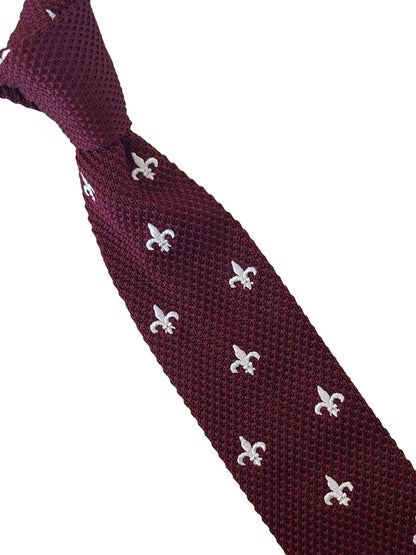 Maroon Knitted Tie By Frederick Thomas - White Embroidered Fleur De Lis Detail For Timeless Formal Luxury by Frederick Thomas Handmade Mens Ties