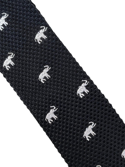Black Knitted Tie With White Elephant Embroidered Design - Handcrafted Statement Accessory For A Refined Wardrobe by Frederick Thomas Handmade Mens Ties