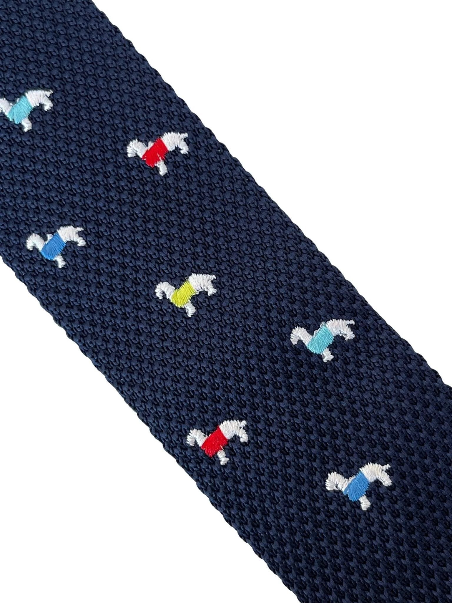 Navy Blue Knitted Tie With Embroidered Dog Design By Frederick Thomas by Frederick Thomas Handmade Mens Ties