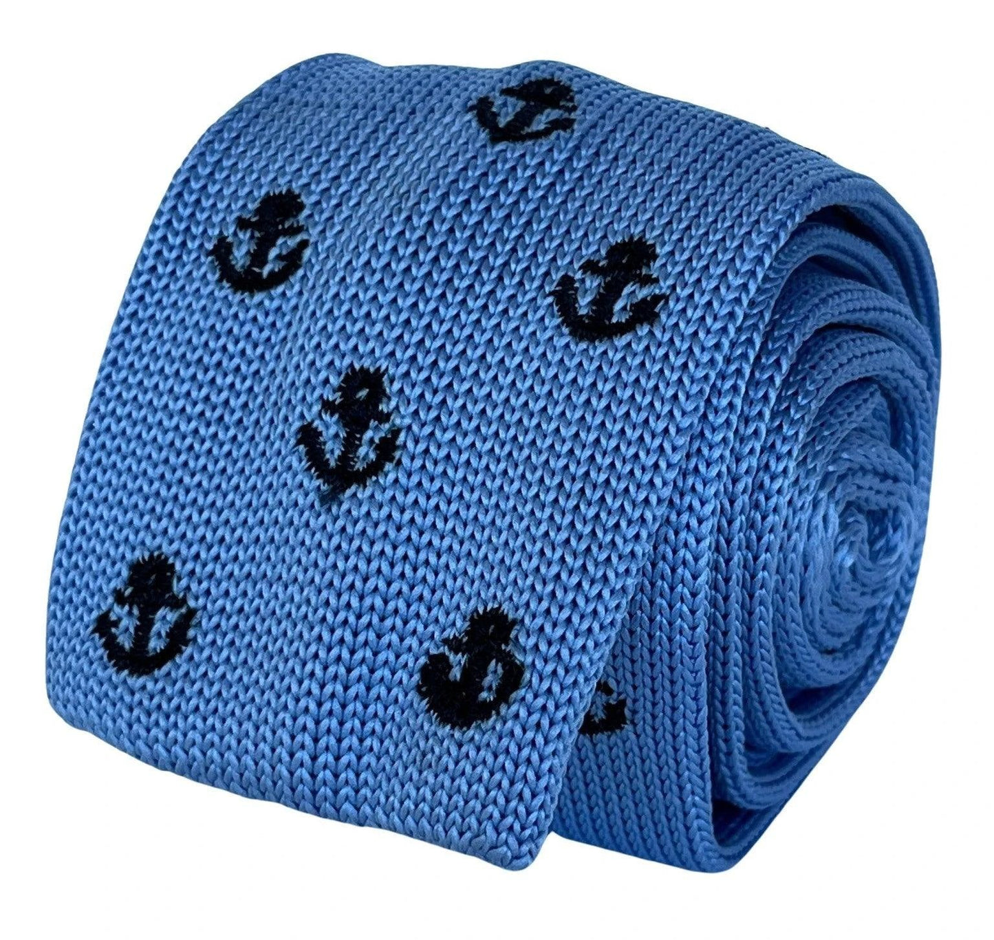 Light Baby Blue Knitted Tie with Nautical Anchor Embroidered Design by Frederick Thomas Handmade Mens Ties