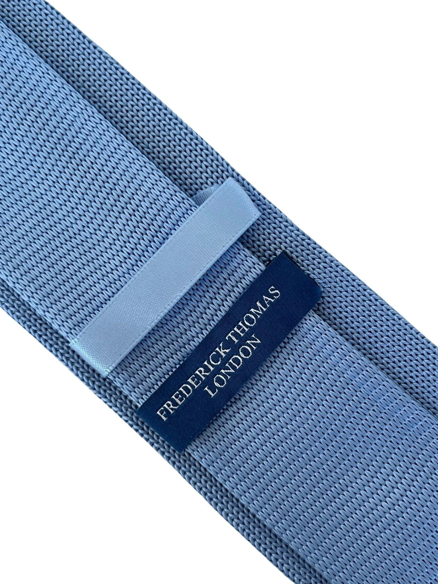 Light Baby Blue Knitted Tie with Nautical Anchor Embroidered Design by Frederick Thomas Handmade Mens Ties