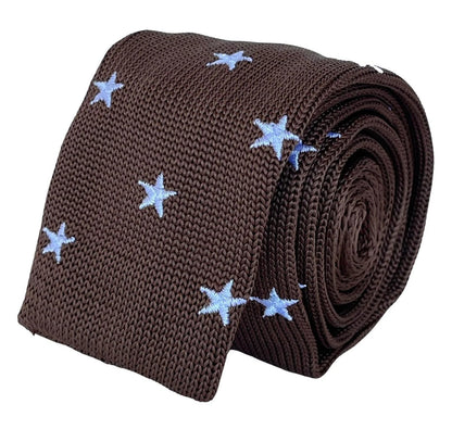Chocolate Coffee Brown Knitted Tie With Embroidered White Stars - Refined Knitted Texture With Subtle Star Accent by Frederick Thomas Handmade Mens Ties