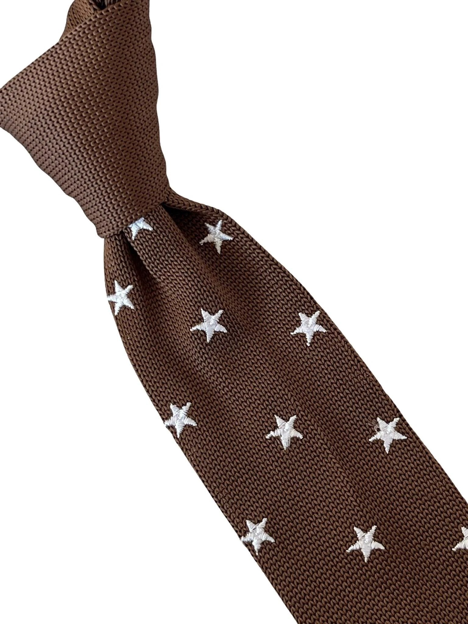 Chocolate Coffee Brown Knitted Tie With Embroidered White Stars - Refined Knitted Texture With Subtle Star Accent by Frederick Thomas Handmade Mens Ties