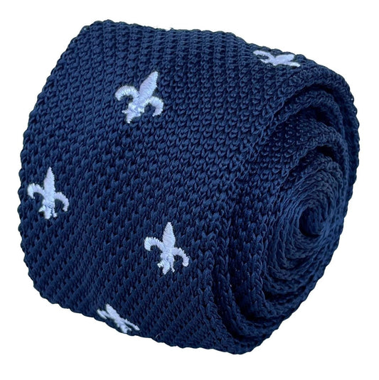 Navy Blue Knitted Tie With White Fleur de Lis Embroidery Frederick Thomas by Frederick Thomas Handmade Mens Ties