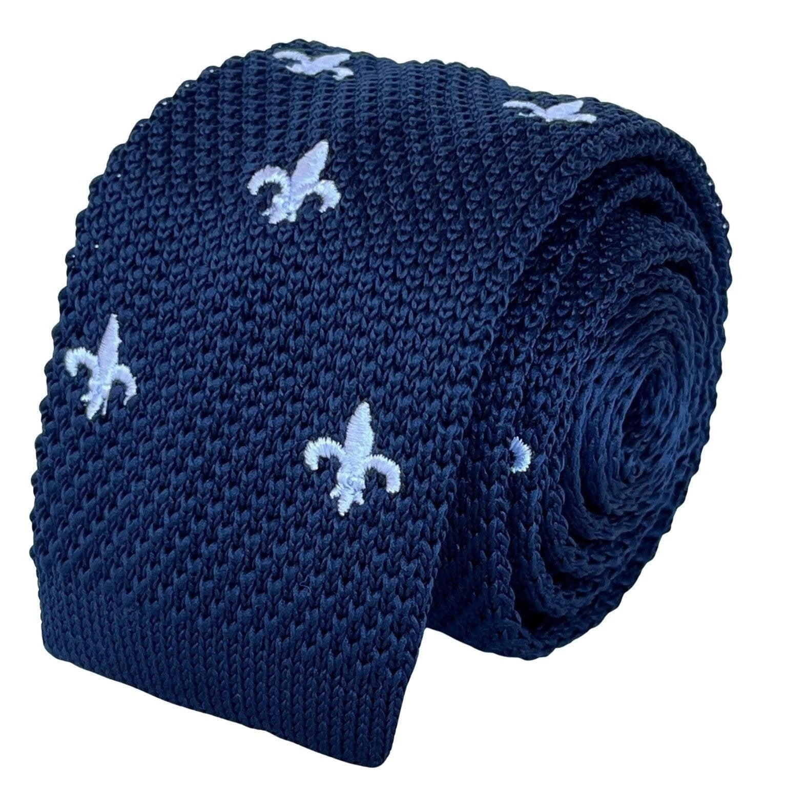 Navy Blue Knitted Tie With White Fleur de Lis Embroidery Frederick Thomas by Frederick Thomas Handmade Mens Ties