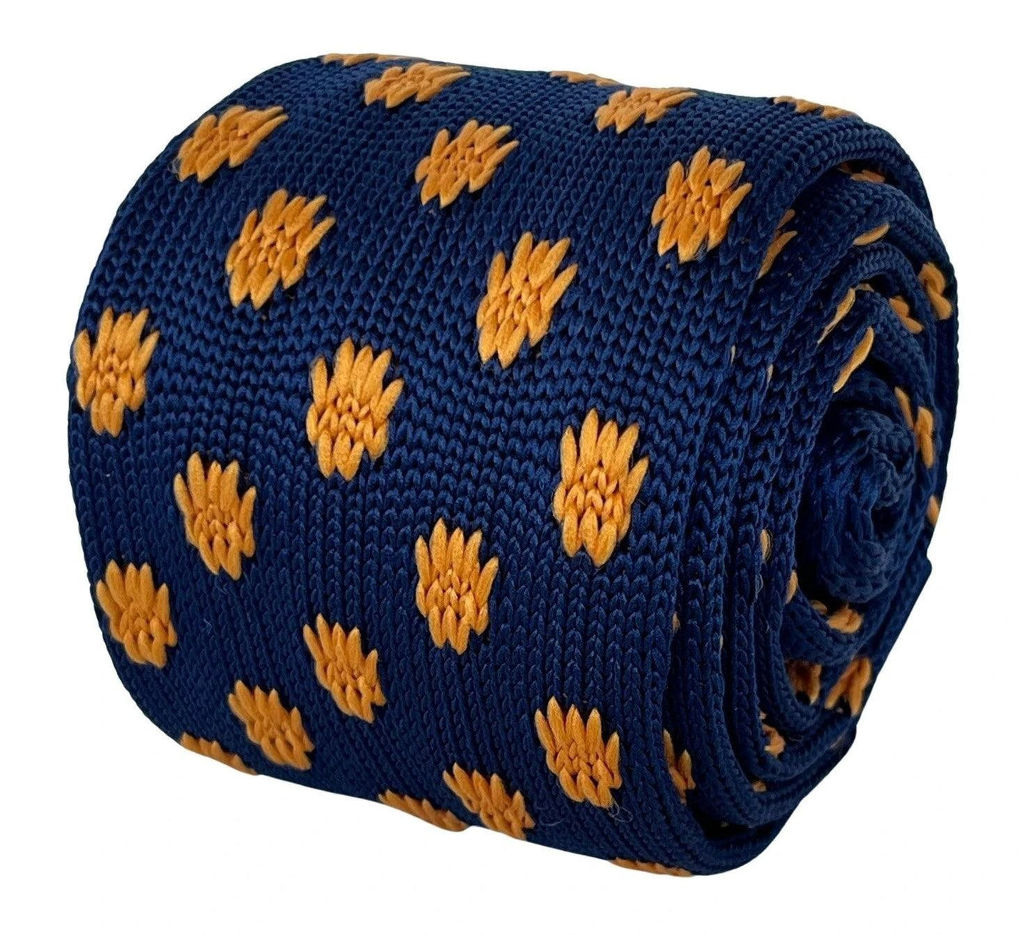 Navy Blue Knitted Tie With Golden Sunflower Embroidery By Frederick Thomas by Frederick Thomas Handmade Mens Ties