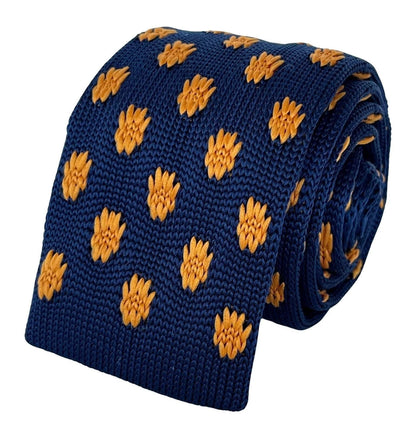 Navy Blue Knitted Tie With Golden Sunflower Embroidery By Frederick Thomas by Frederick Thomas Handmade Mens Ties