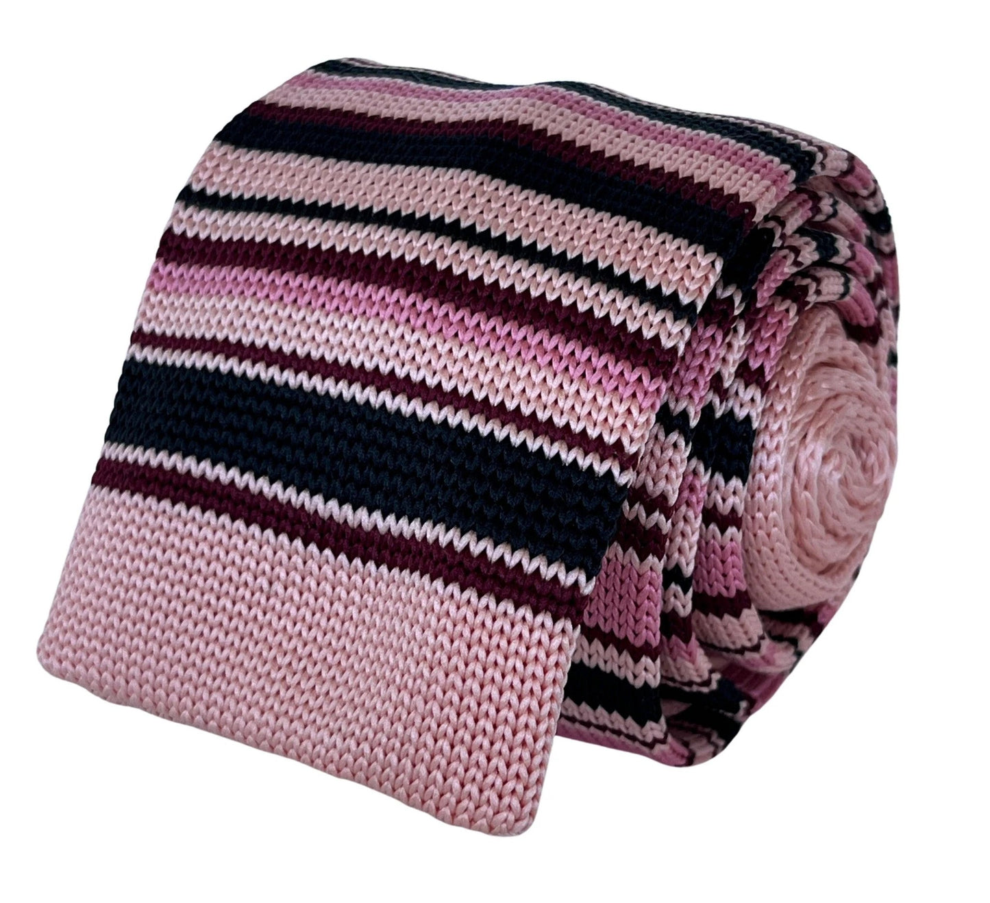 Light Baby Pink and Navy Blue Striped Fine Knitted Tie by Frederick Thomas Handmade Mens Ties