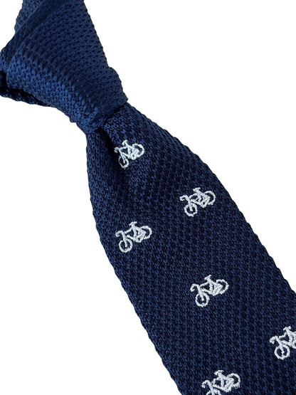 Navy Blue Handmade Knitted Tie With White Embroidered Bicycle Design by Frederick Thomas Handmade Mens Ties