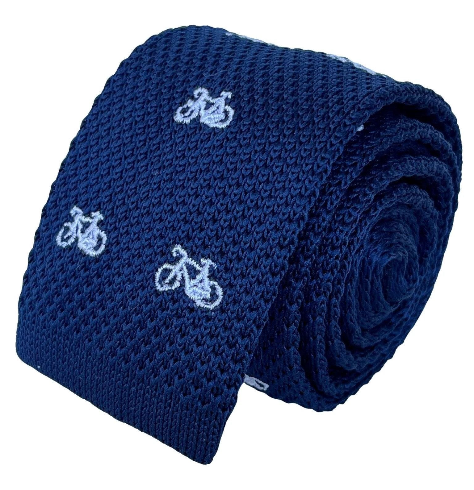 Navy Blue Handmade Knitted Tie With White Embroidered Bicycle Design by Frederick Thomas Handmade Mens Ties