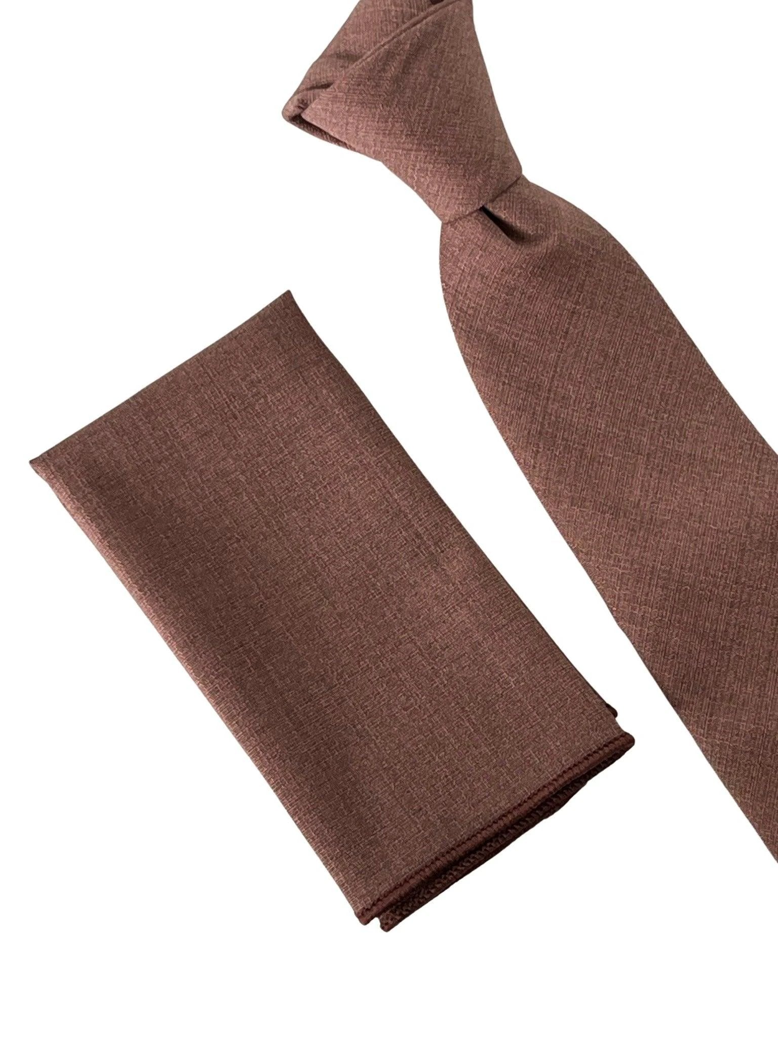 Matching Dusty Earthy Red Brick Bamboo Tie And Pocket Square - Handcrafted Luxury Set For Charcoal Navy And Grey Suits by Frederick Thomas Handmade Mens Ties
