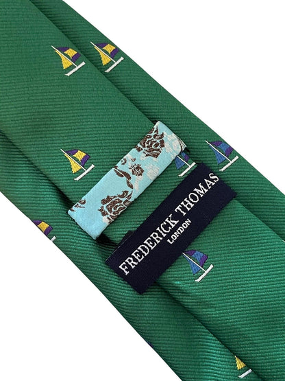 Emerald Dark Green Tie With Yacht Sailing Boat Embroidered Design - Handcrafted Luxury For The Modern Professional by Frederick Thomas Handmade Mens Ties