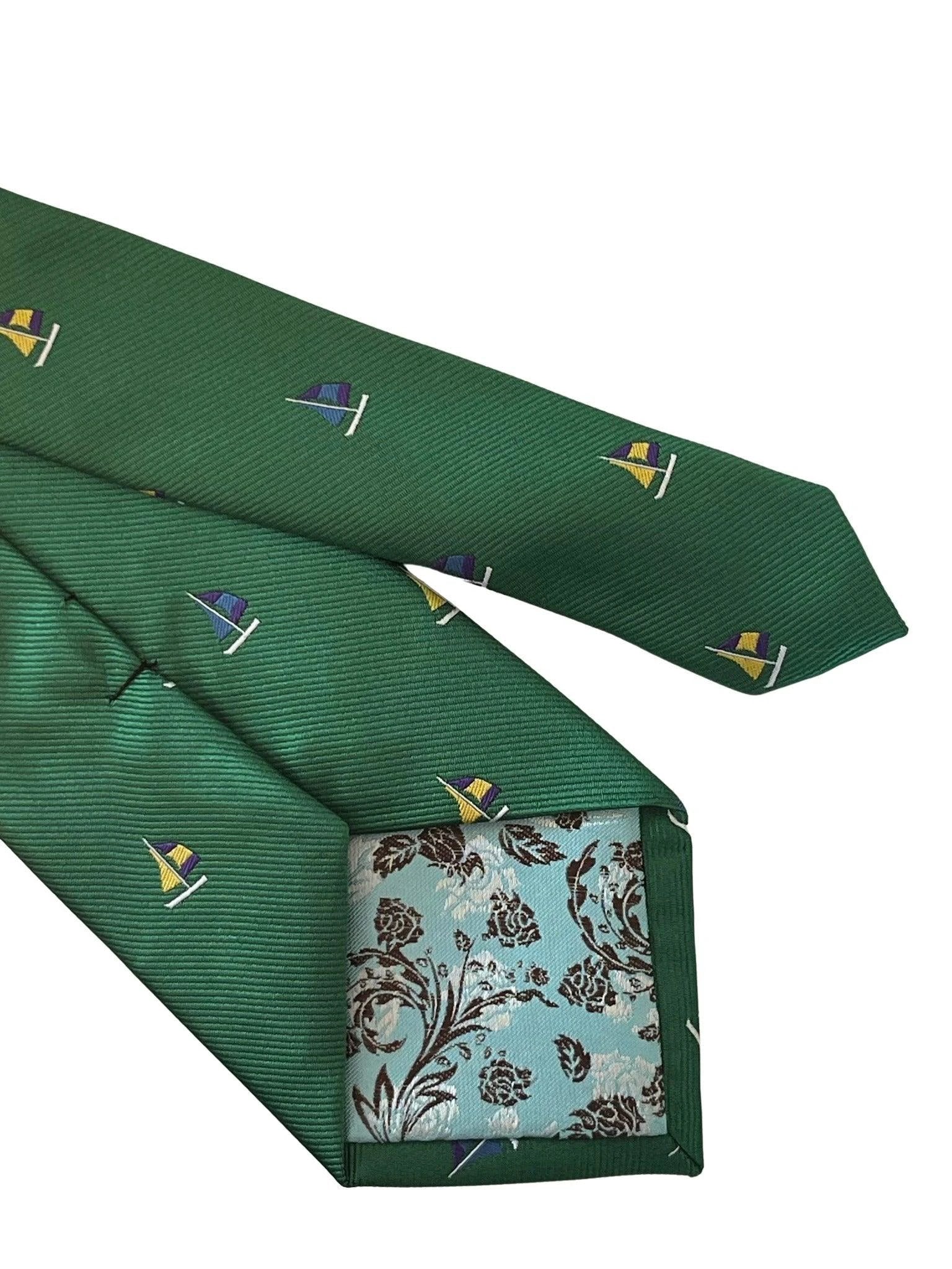 Emerald Dark Green Tie With Yacht Sailing Boat Embroidered Design - Handcrafted Luxury For The Modern Professional by Frederick Thomas Handmade Mens Ties