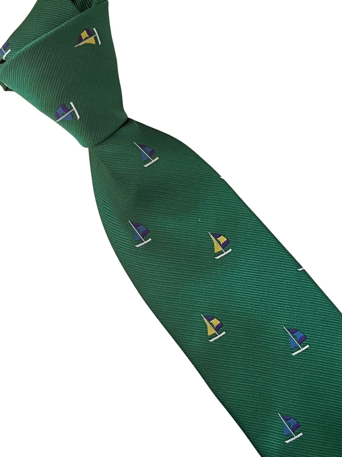 Emerald Dark Green Tie With Yacht Sailing Boat Embroidered Design - Handcrafted Luxury For The Modern Professional by Frederick Thomas Handmade Mens Ties