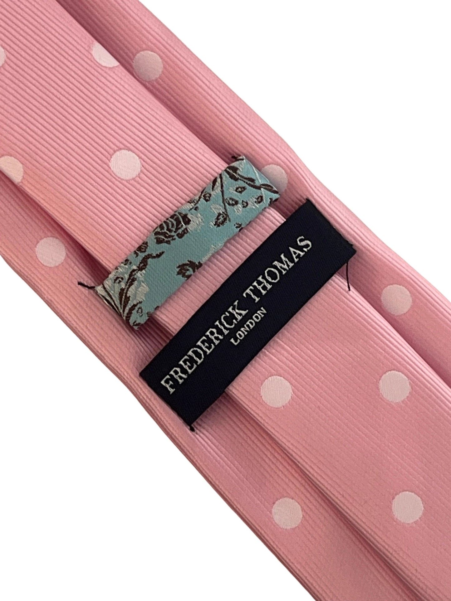 Baby, light, pastel, powder, candyfloss, bubblegum, blush pink tie with white polka spots by Frederick Thomas Handmade Mens Ties