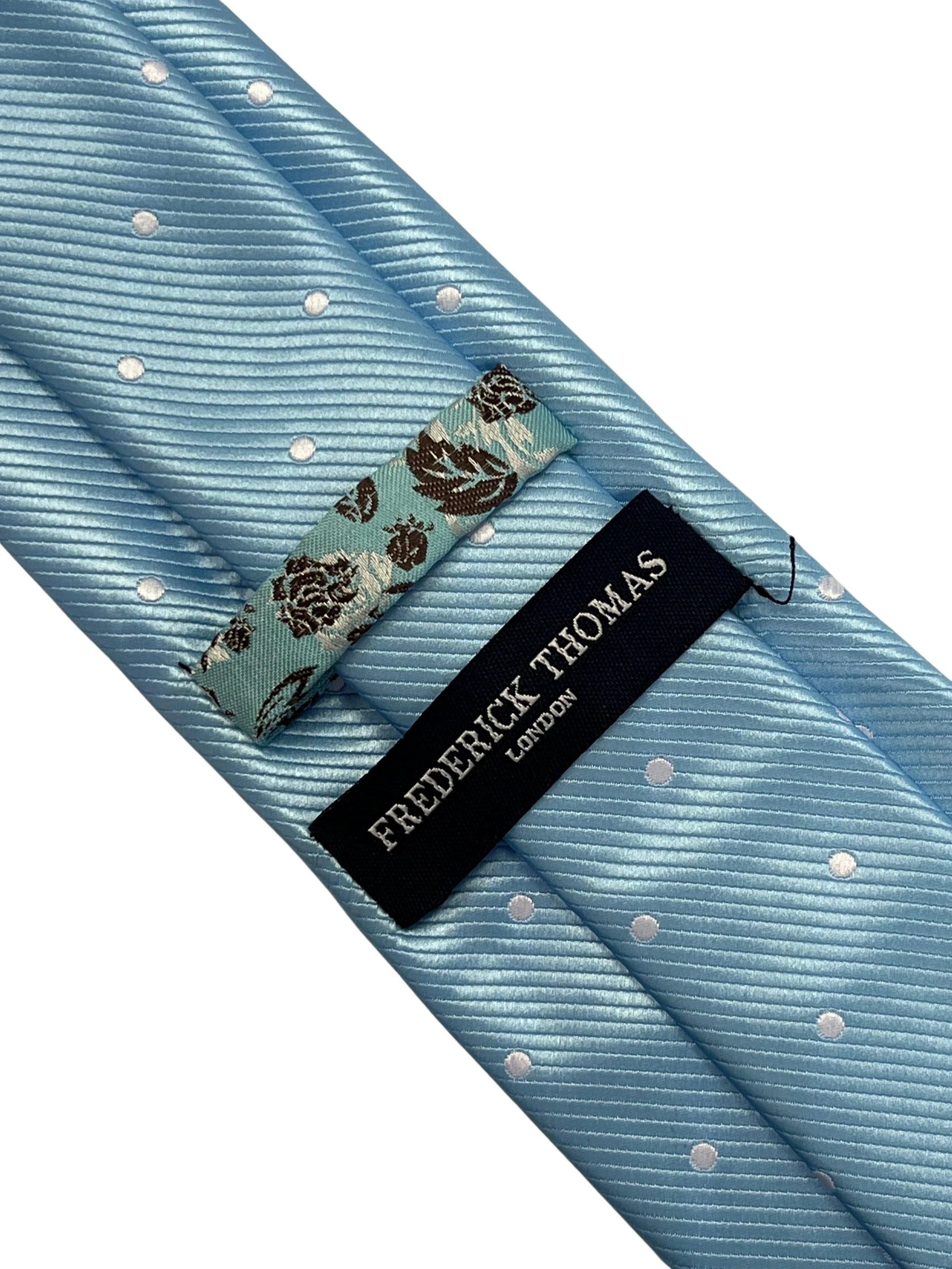Light blue pastel cornflower sky powder blue tie with white polka spots by Frederick Thomas Handmade Mens Ties