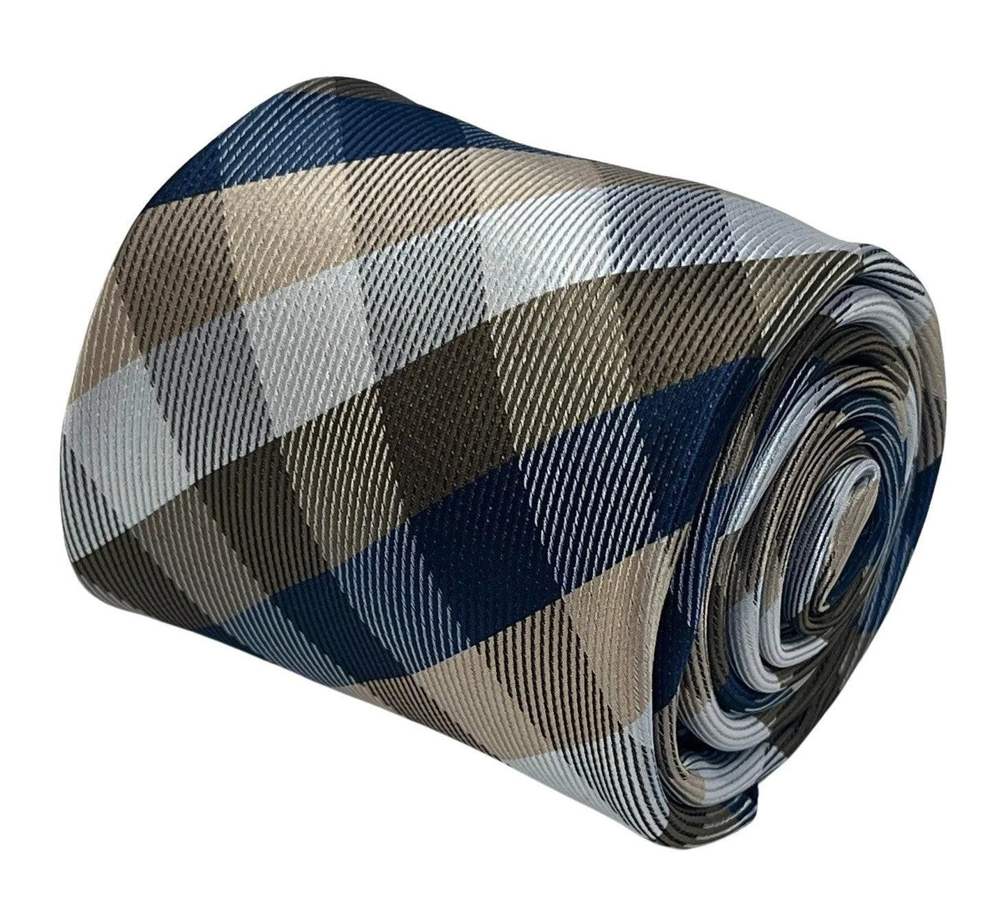 Gold, silver and navy dark blue plaid checked tie by Frederick Thomas Handmade Mens Ties