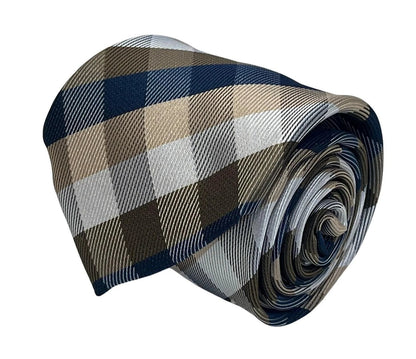 Gold, silver and navy dark blue plaid checked tie by Frederick Thomas Handmade Mens Ties