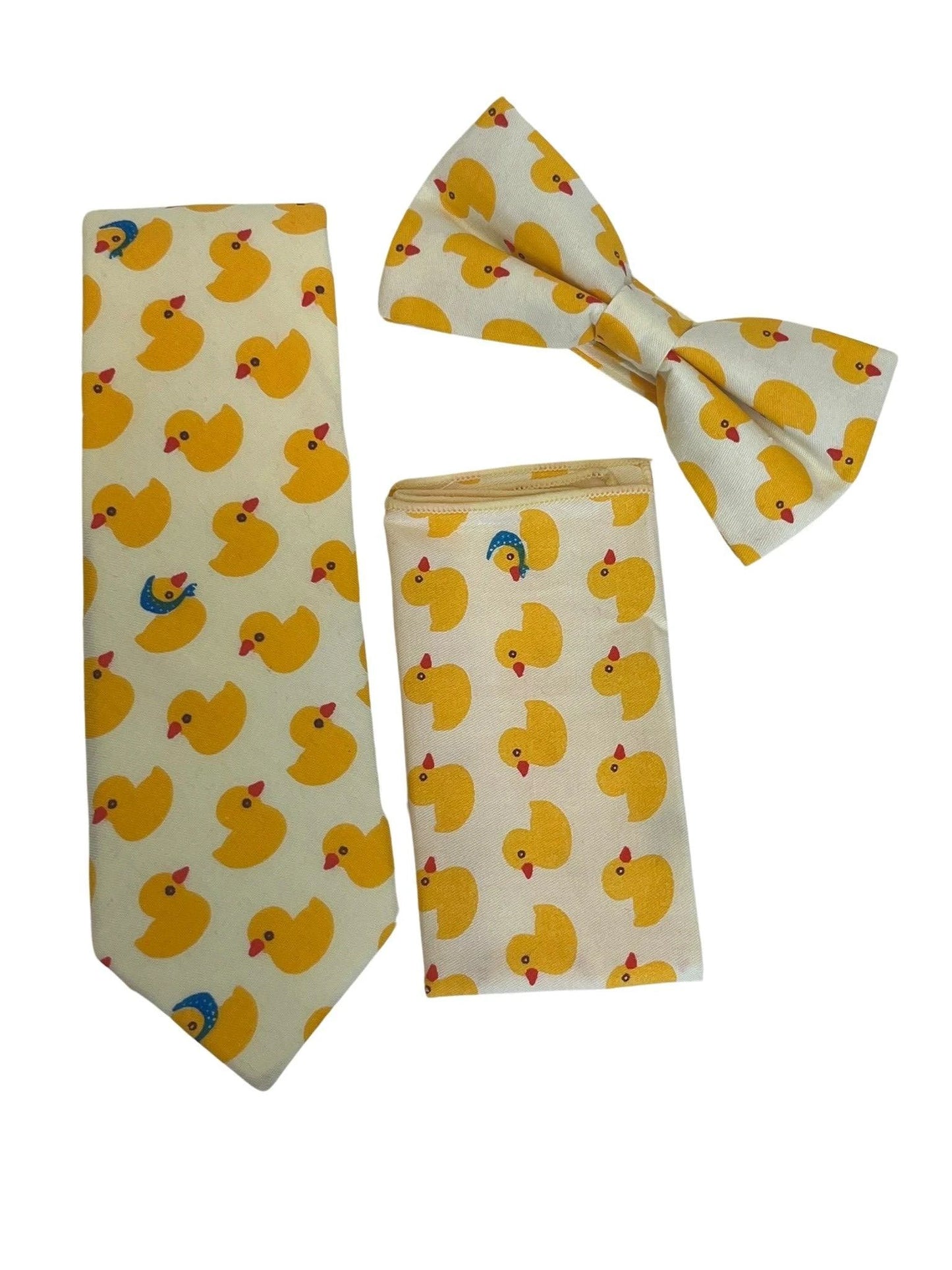 Ivory cotton bow tie with yellow rubber duck design by Frederick Thomas Handmade Mens Ties