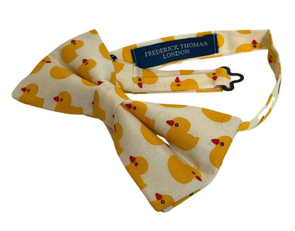 Ivory cotton bow tie with yellow rubber duck design by Frederick Thomas Handmade Mens Ties