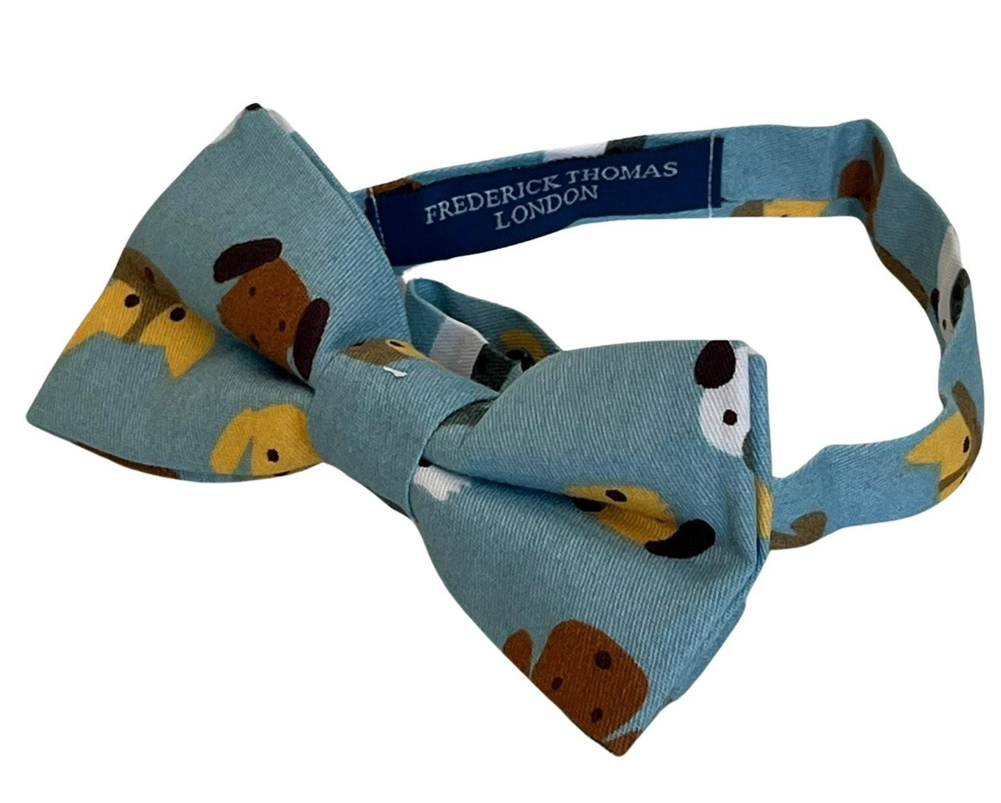 Medium denim blue child's bow tie with cute dog puppy design by Frederick Thomas Handmade Mens Ties